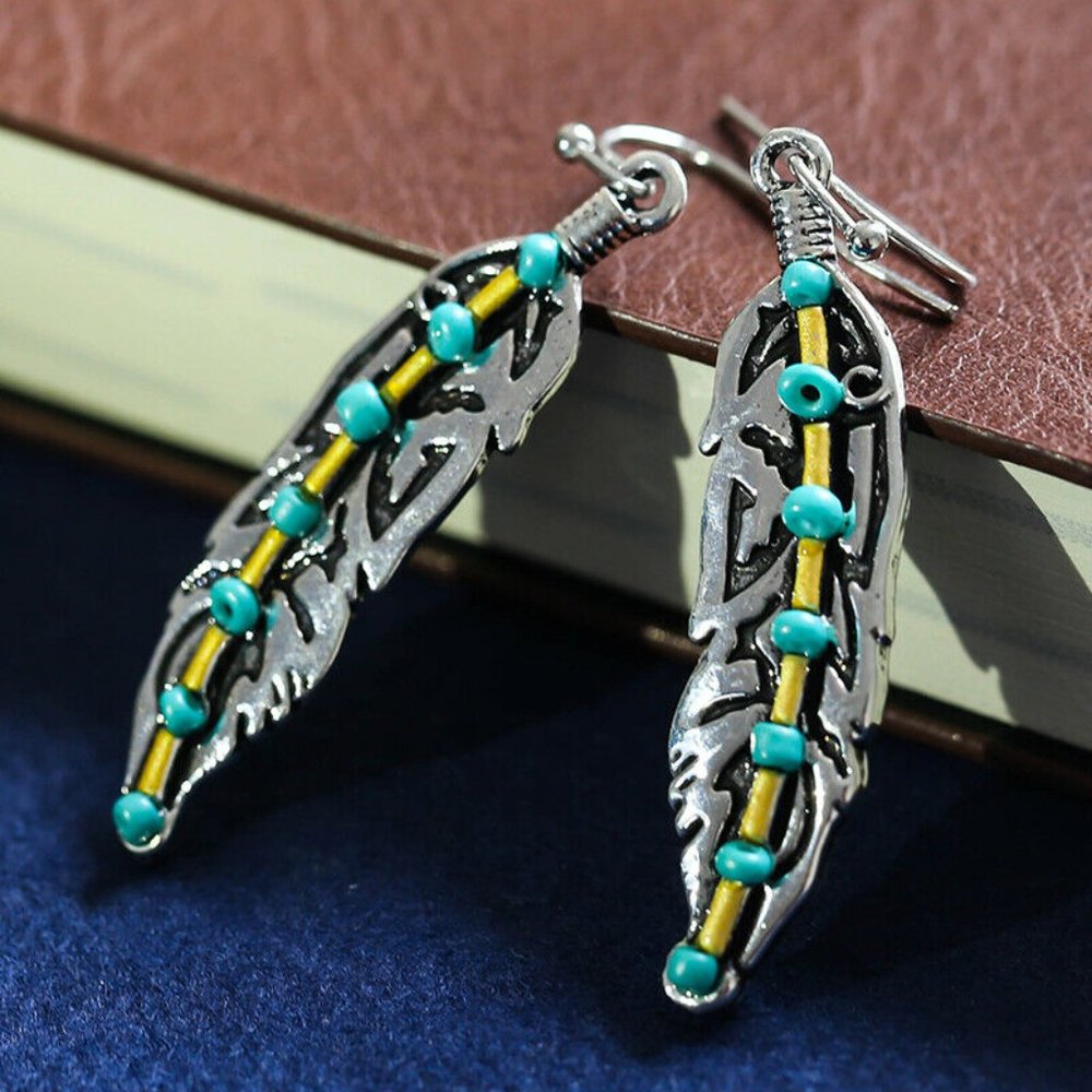 Antique Silver Feather Turquoise Bead Drop Dangle Hook Earrings Bohemia - Picture 4 of 7